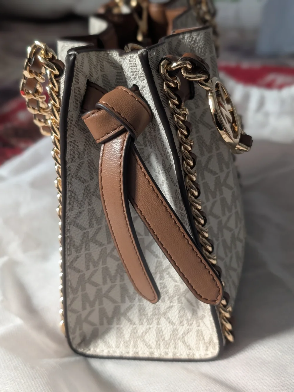 Michael Kors Cream Logo Chain-Trim Shoulder Bag with Tan Accents